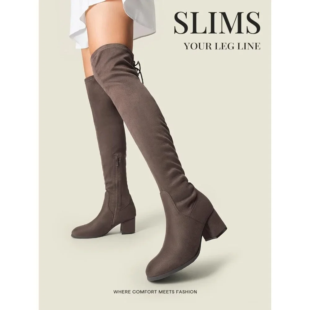 Women's Khaki Faux Leather Over The Knee Thigh High Chunky Heel Long Boots